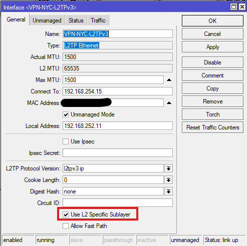 Mikrotik L2TPv3 config fix